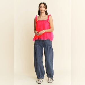Davi & Dani Hot Pink Tulle Overlay Tank Top